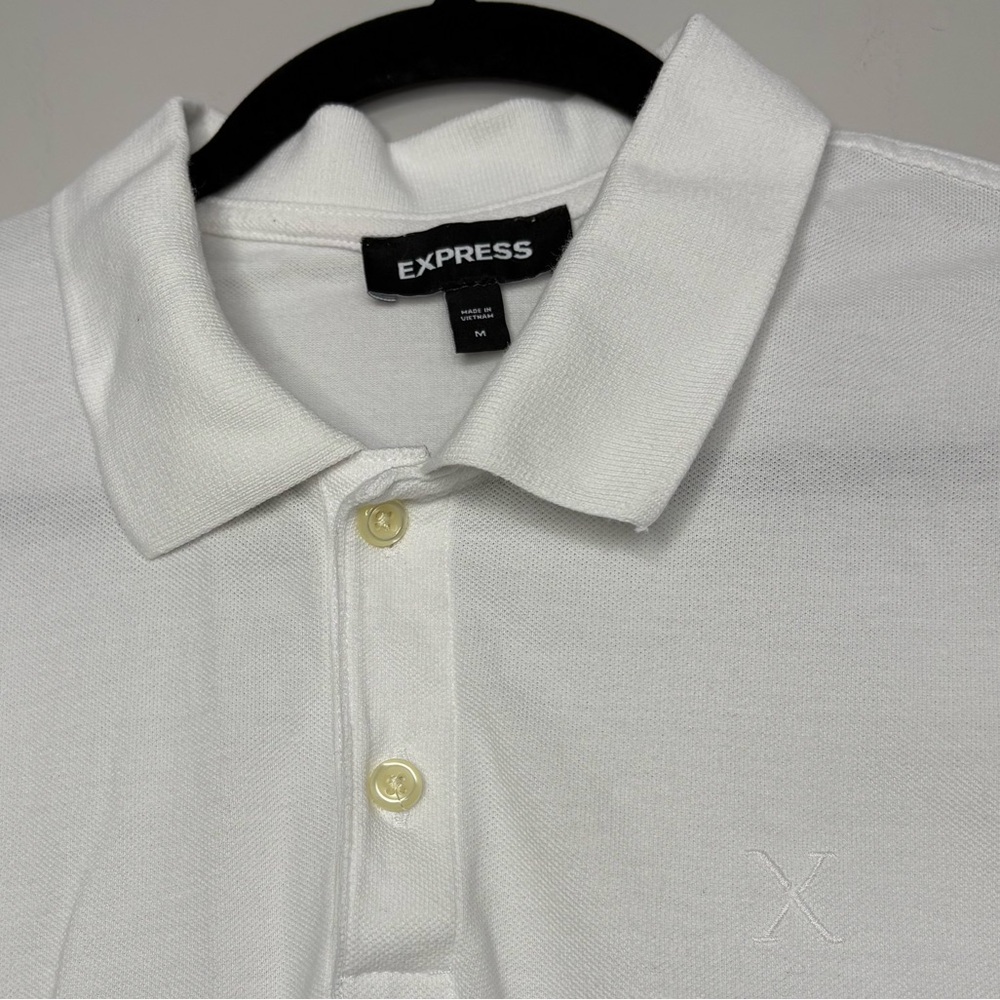 Express White Polo Shirt Men’s Medium Short Sleeve Classic Logo 100% Cotton - Picture 2 of 7